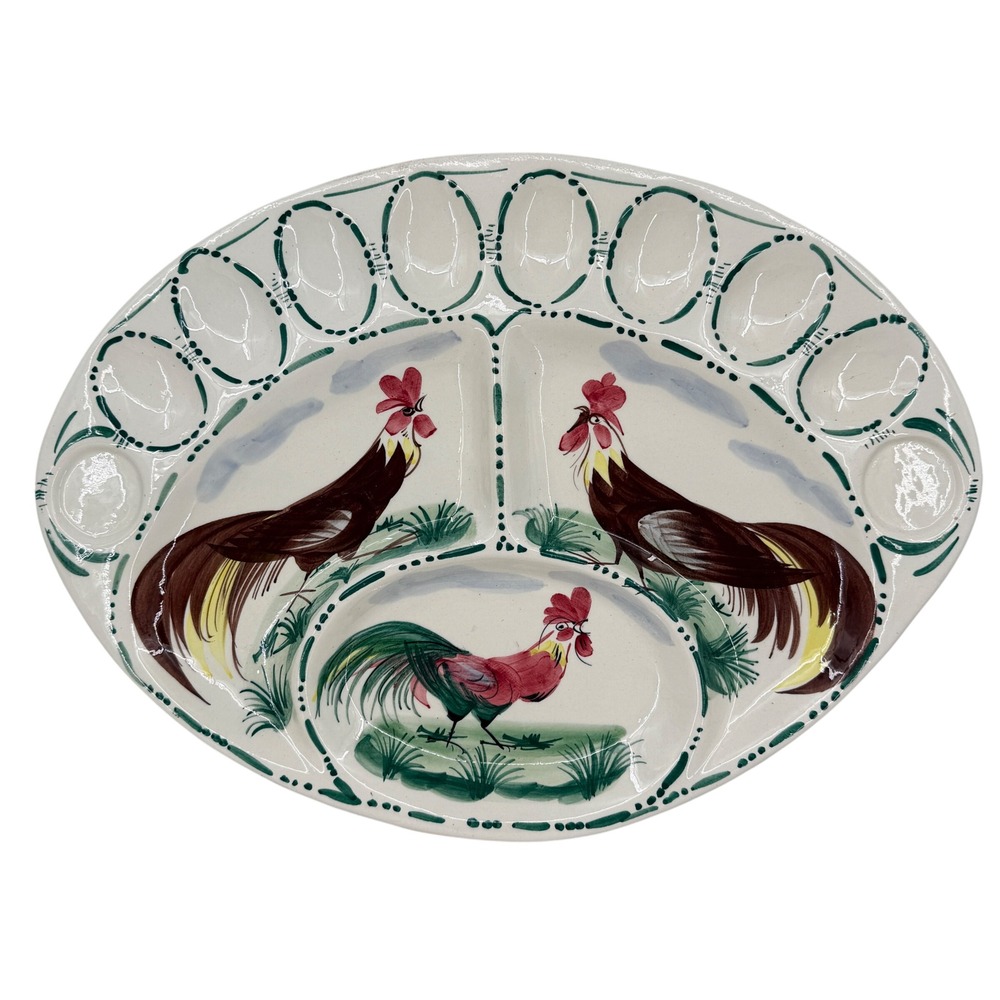 Vintage Egg Platter White Ceramic Hand Painted Italy Rooster Pattern Cottagecore